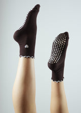 Pilates Socks - Mocha Brown Heart Ruffle