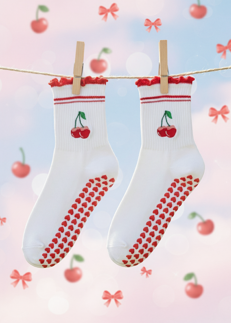 Pilates Socks - Cherry Red Ruffles