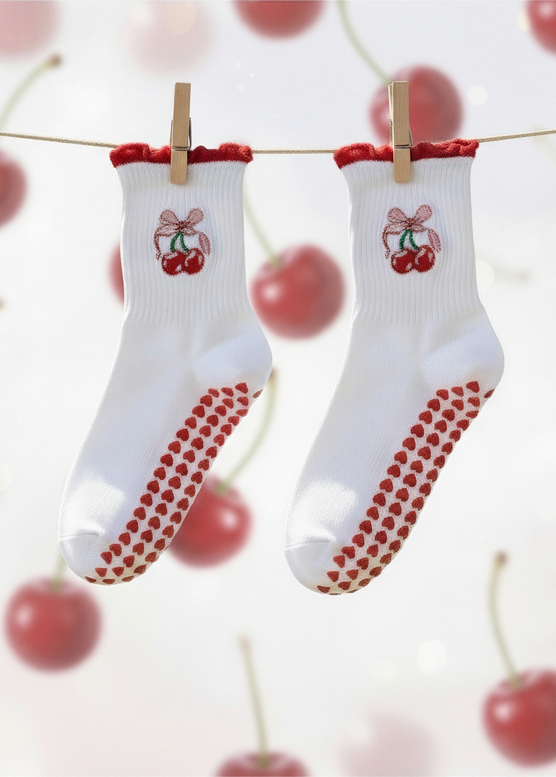 Pilates Socks - Cherry Bow Ruffle
