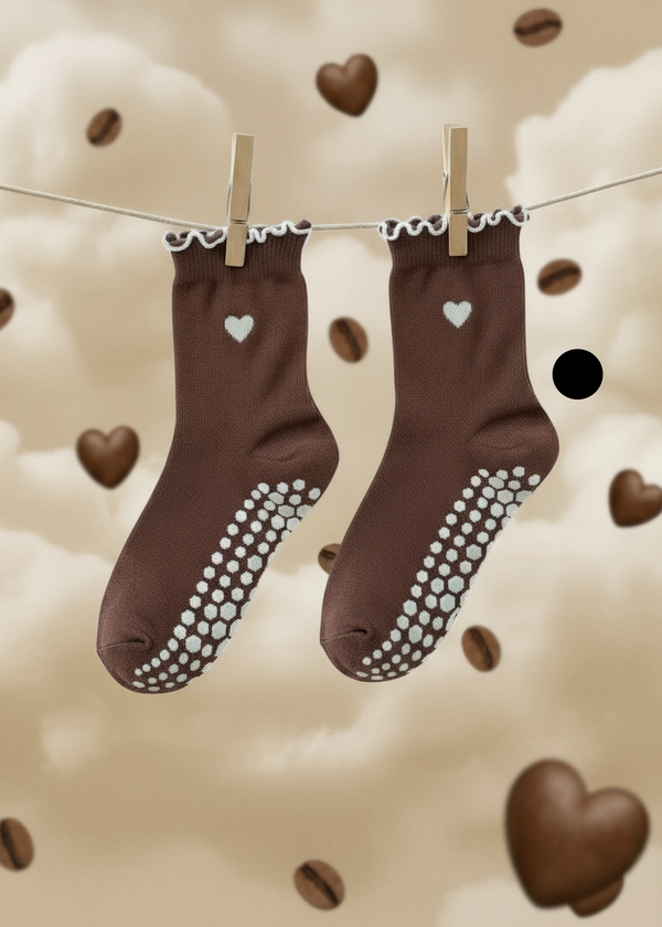 Pilates Socks - Mocha Brown Heart Ruffle